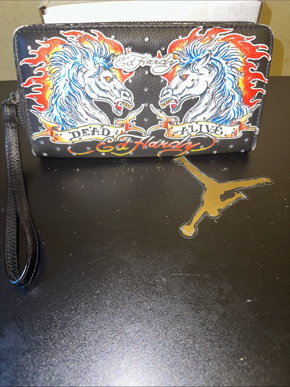 Ed Hardy Black Wristlet with Multicolor Unicorn Flame Motif